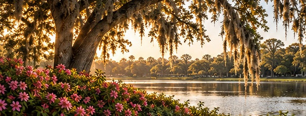 Sunlight across a lake framed by oak trees and flowering plants.