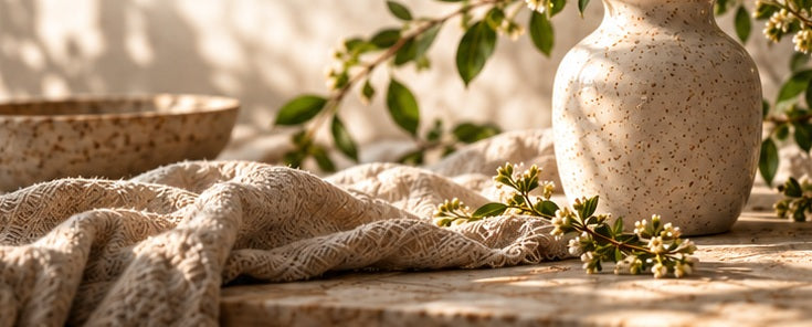 A ceramic vase, botanical branches, and linen in warm sunlight.