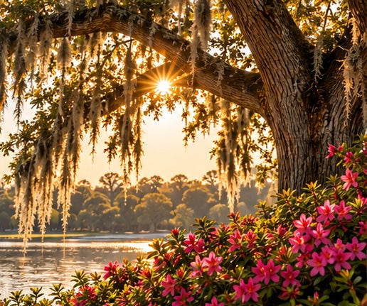 A lake framed by oak trees, Spanish moss, and flowering plants.